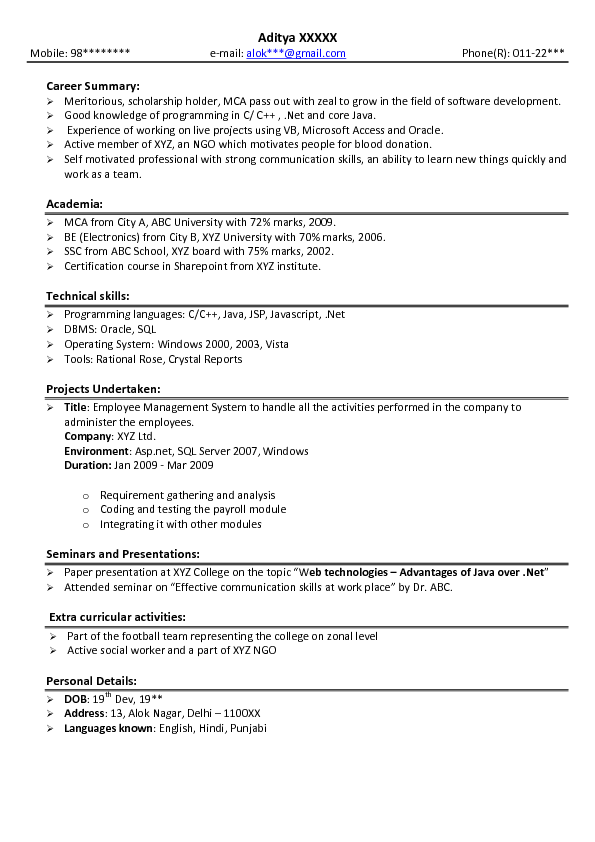 Sample Resume For Fresher